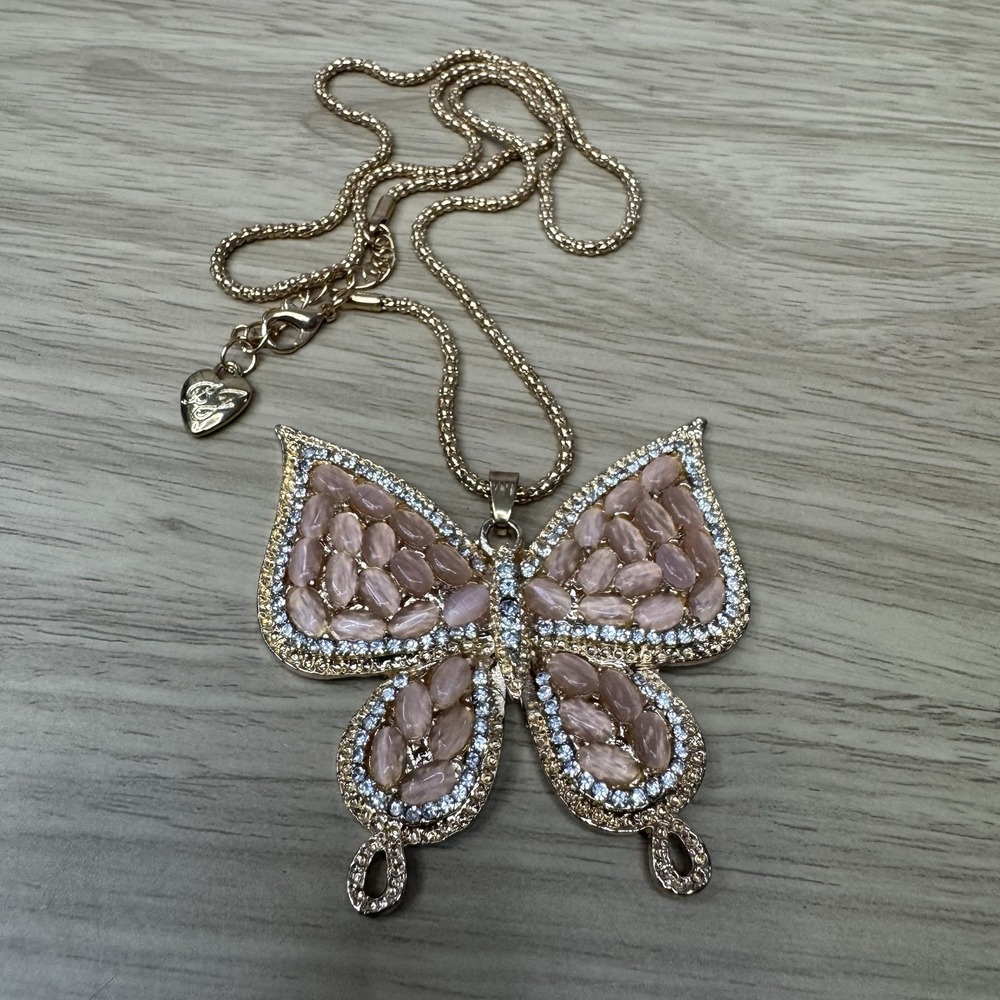 Betsey Johnson Butterfly Rhinestone Pendant Necklace Rose Gold Color - Picture 2 of 6